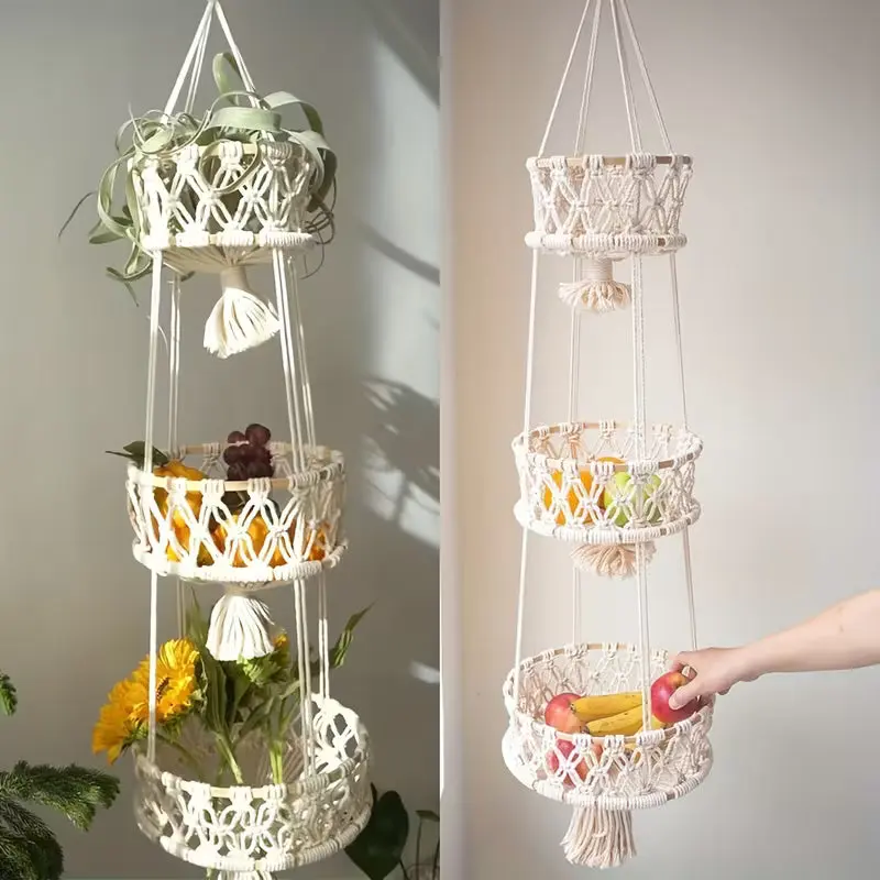 Macrame Hanging Fruit Basket – 1/2/3‑Tier Boho Wall Storage for Fruits, Vegetables & Indoor Plants (Natural Cotton)