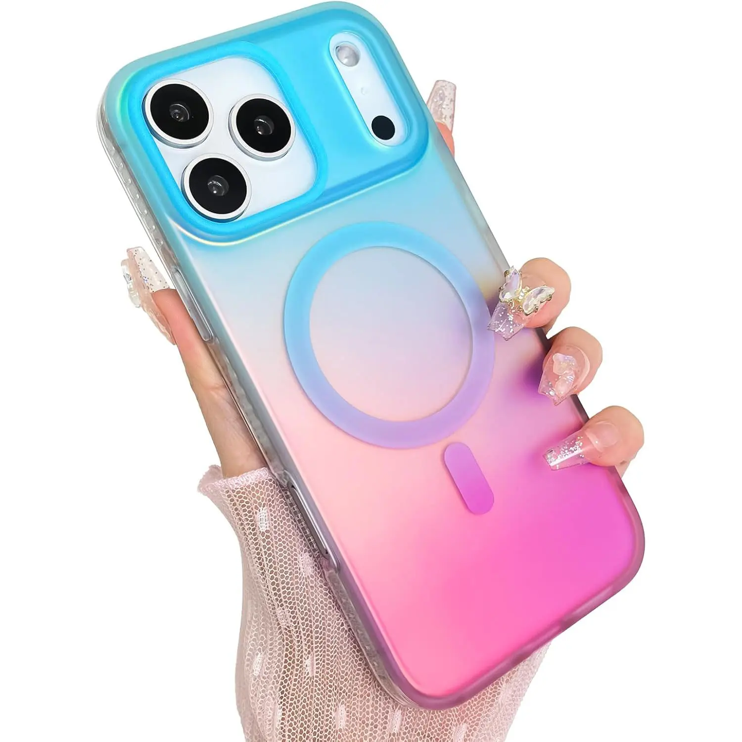 Women's Precise Magnetic Magsafe-Compatible Phone Case for iPhone 12-17 Air/Pro Max, Blue & Pink Gradient Glow Glitter Matte Iridescent Cover with Raised Edges, Wireless Accessory, Magnetic Closure