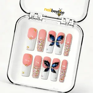 Blue Butterfly Pink French Rhinestone Mid Square Press-On Nails (1.3 Inch),10pcs Handmade Blue Butterfly Pink French Rhinestone Mid Square Press-On Nails | 1.3 Inch AB Crystal Fake Nails | Reusable Luxury Butterfly Nails | Party Gift for Her