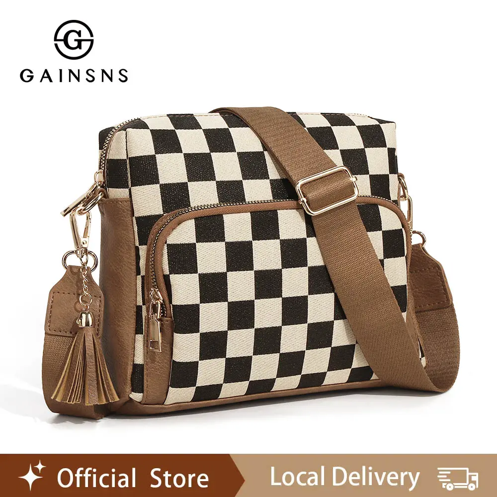 GAINSNS Checkered Plaid Crossbody Bag for Women Medium Purse Adjustable Strap Shoulder Bag Everyday Travel Handbag