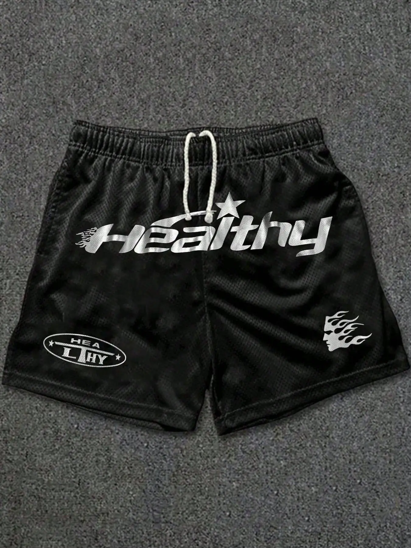 Men's Mesh Breathable Letter Print Summer Beach Shorts, Trendy Streetwear, Sportswear, Casual, Comfortable Fashion, Asymmetrical Design, Loose-Fitting, Baggy, Oversized, Plain Pattern