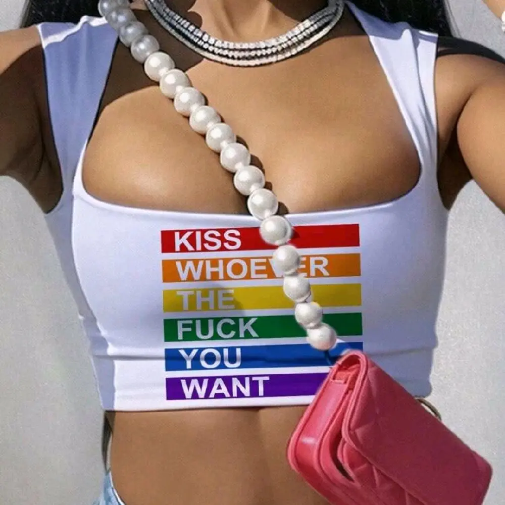 Women's LGBTQ Pride Rainbow Pattern Tank Top with Bold Statement "KISS WHOEVER THE FUCK YOU WANT" Design Womenswear Cute