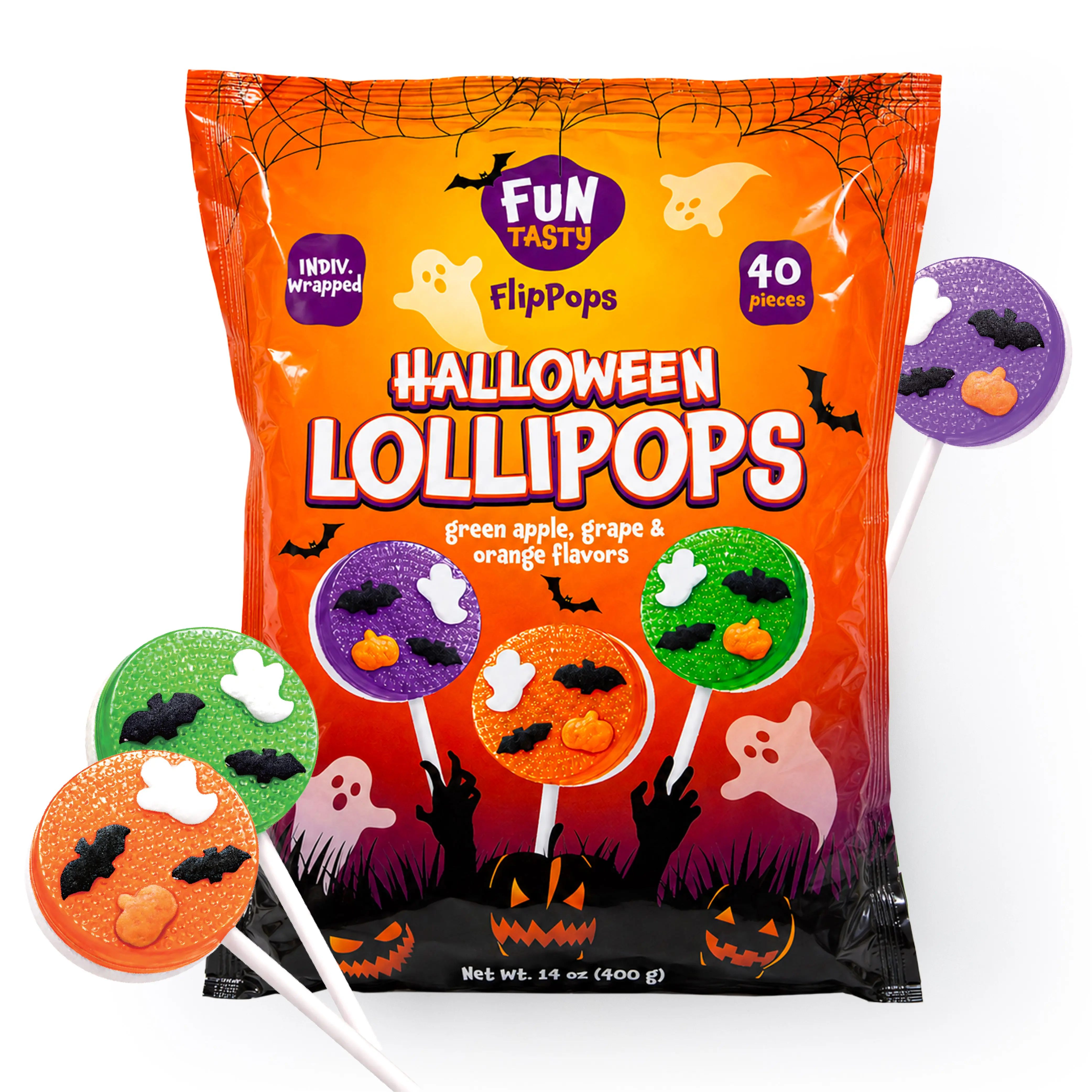 Halloween FlipPops Lollipops Green Apple, Grape & Orange flavors Individually Wrapped Candy Treats - 40 pieces - Variety Pack