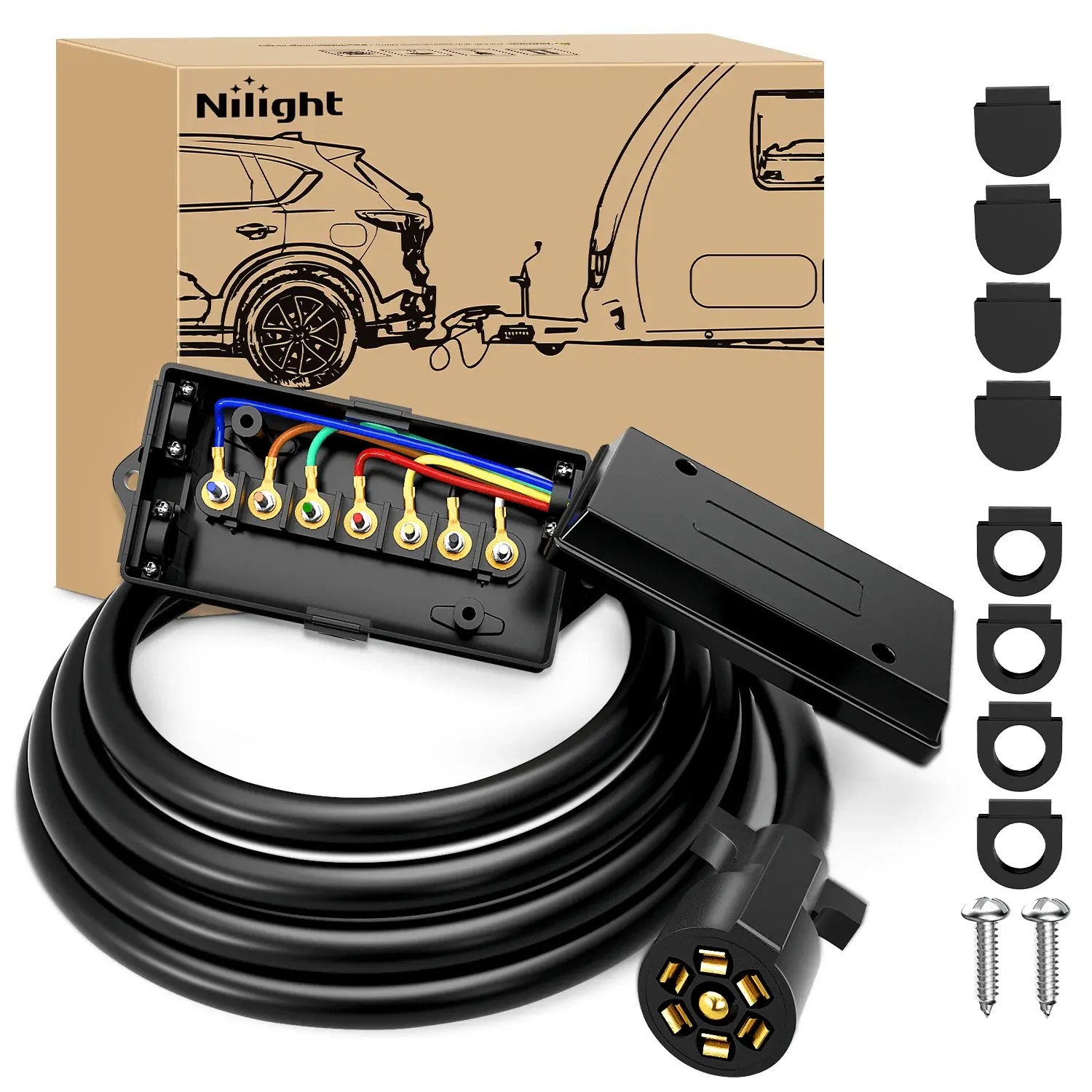 Nilight 8ft 7-Way Trailer Plug Inline Wiring Harness with 7-Gang Junction Box, Weatherproof Rubber Wire Cable, Long Flexible Durable Automotive Accessory for Secure Connections,car accessories
