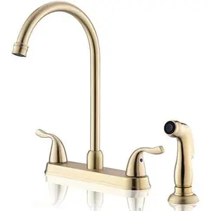 Gold Kitchen Faucet with Side Sprayer - 2 Handles 8 Inches Centerset Sink Faucets 3 or 4 Hole RV Kitchen Sink Faucet Commercial Lead-Free Utility Faucet with High Pressure Sprayer & Water Hose