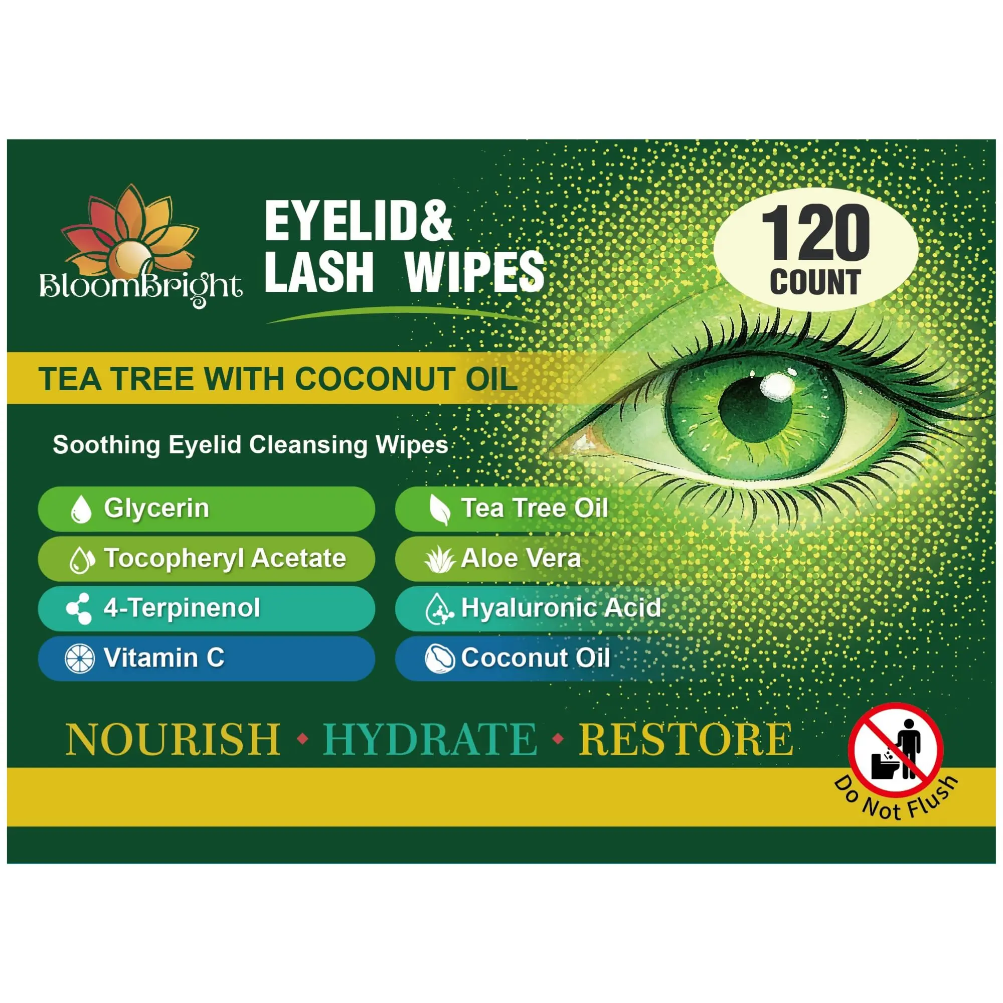 Tea Tree Eyelid Wipes 120 Count – Individually Wrapped Eyelid & Lash Cleansing Wipes with Aloe Vera & Hyaluronic Acid – Daily Eyelid Hygiene Wipes for Sensitive Eyes – Gentle Makeup Remover
