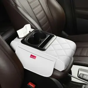 Leather Car Armrest Cushion Riser Pad, Car Armrest Box, Multi-Functional Three-In-One Four-In-One Center Console Paper Towel Holder Elbow Rest Cup Holder