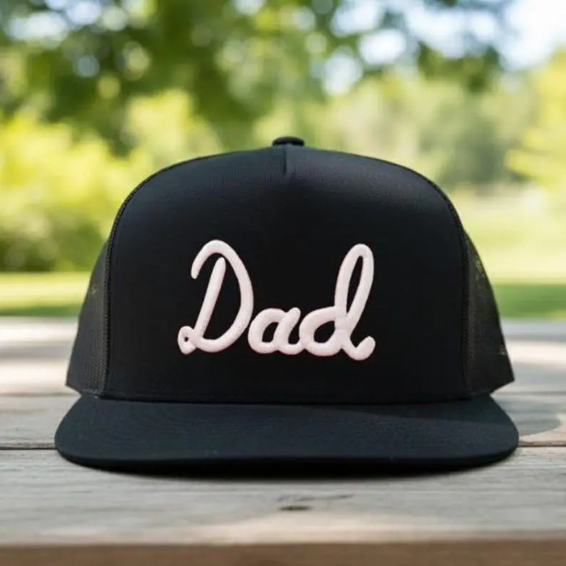 Dad Embroidered Trucker Hat, Black Snapback Cap, Father's Day Gift, Daddy Hat, Mesh Back Flat Bill Cap, Custom Dad Cap, Gift For Dad, Gift For Men
