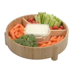 Bamboo Serving Tray & Appetizer Platter - Round Wood Snack Dish for Chips and Dip, Veggies, and Charcuterie