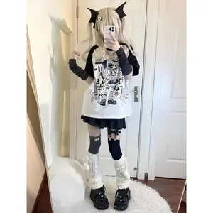 Y2k Aesthetic Contrast Color T-shirt Women Gothic Letter Cartoon Print Loose Graphic T Shirt 2025 Summer Japanese Fairy Tops