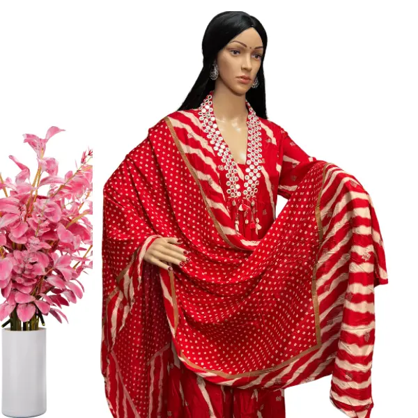 Women's Anarkali Set , Red with Printed Dupatta, Embroidered Mirror Neckline , Indian Ethnic Wear