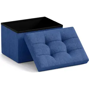 Small Storage Ottoman Foldable Collapsible Rectangle Linen Ottoman Foot Rest Stool Seat, for Living Room, Bedroom,  Office, Dorm - 12 x 16 x 12, Navy Blue