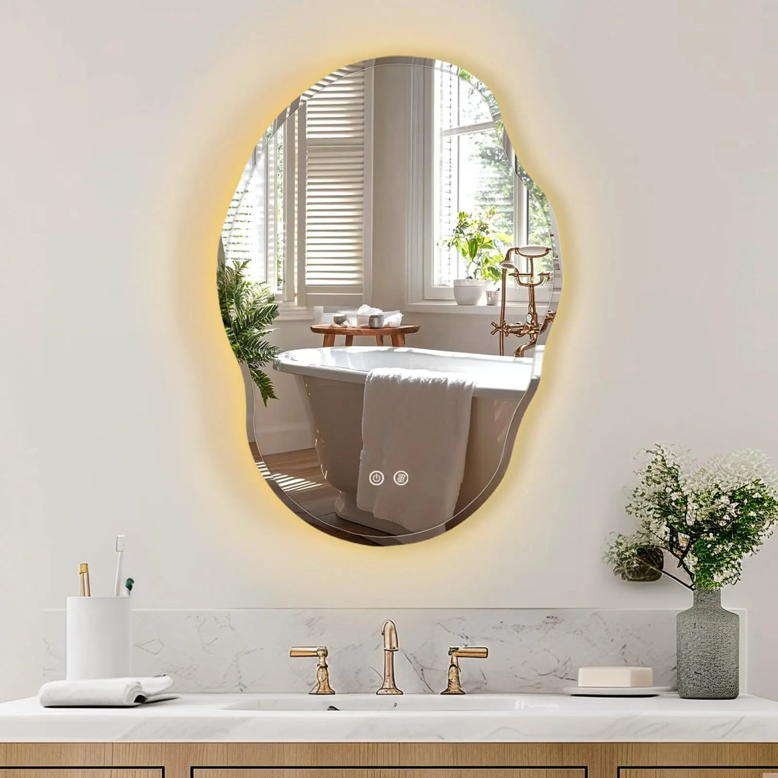 USHOWER Irregular Lighted Bathroom Mirror with Anti-Fog Feature, Natural Backlit LED Lights, Touch Control Adjustable Lighting – Vanity Wall Mirror for Modern Bathrooms