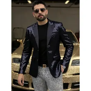 European and American Party Performance Dress, Silvery Sequin Suit for Men's Nightclub Host and Studio Jacket, Celebrity-style Sequin Suit Coat, Fashionable and Versatile, Shining on Every Night!