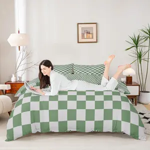 Dark Green Grid Duvet Cover Set,Reversible Geometric Plaid Square Bedding Set,Kids Boys Girls Room Decor,Soft Lattice Checkerd Quilt Cover,No Comforter