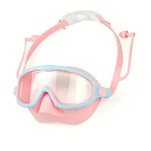 Oversized Anti-Fog Swim Goggles, High Definition Clarity, Strap And Comfort Cushions - Pink Frame with Blue Silicone Cushions, Safe for Outdoor Swimming, Beach, Pond, Stylish Swim Gear, Reliable Fit