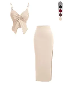 Women's Contoured Twist-Front Crop Top & Bodycon Slit-Skirt Set Fabric: Womenswear Asymmetric Hem Sculpted in Solid Hues Redefining Summer Sophistication for the Discerning Woman. Spaghetti Strap