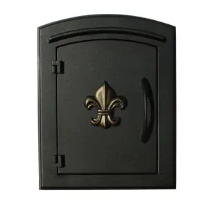 QualArc  14 in. Manchester Non-Locking Column Mount Mailbox with Decorative Fleur De Lis Logo in Black