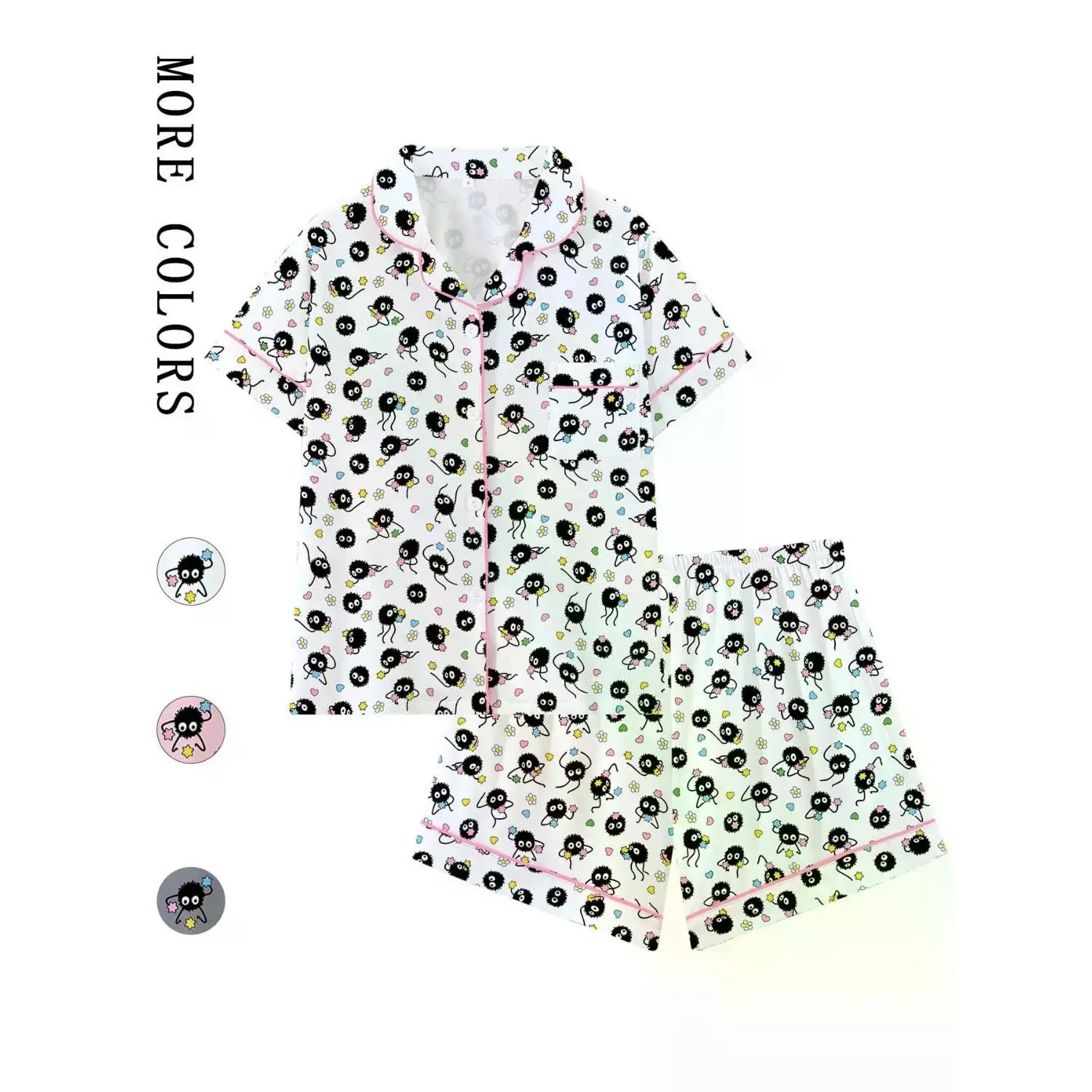 Spirited Away Soot Sprite Pajama Set, Adorable Cartoon Lapel Short Sleeve Loungewear, Cozy Sleepwear for Parties & Vacations, Perfect Gift