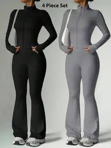 4-Piece Set Women's Loungewear Long Sleeve Long Pants Stand Collar Zip Up Jacket High Stretch Hip Lifting Slim Fit Flared Wide Leg Yoga Outfit Solid Color Soft Comfortable Casual Pajama Set, Gym Workout Set Suitable For All Occasions