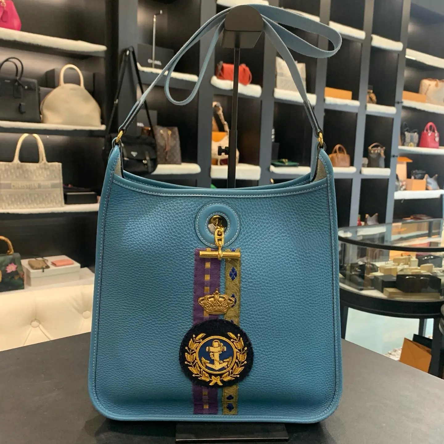 Pre-owned Hermès Vespa PM Bleu Jean Taurillon Clemence 1999 limited embroidered naval badge edition XH019