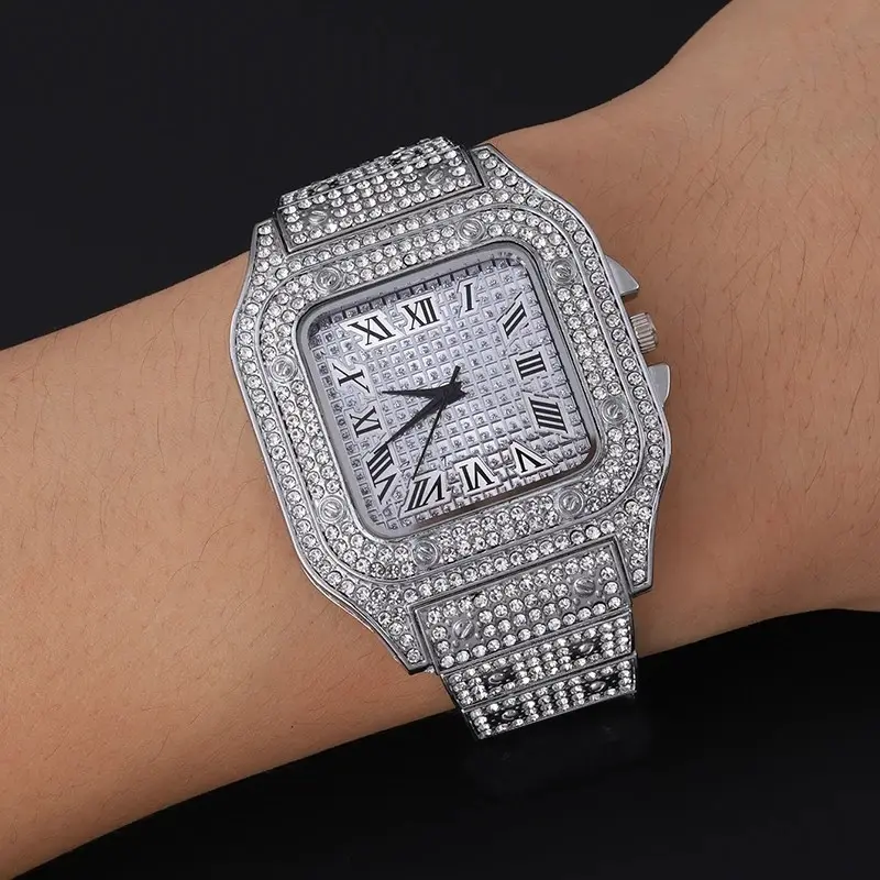 MaxBling81 Men's Luxury Square Iced Simulated Diamond Quartz Watch, 40mm Case, Adjustable Band, 14K Gold/Silver Plated Hip Hop Wristwatch, Square Watches, Men's Jewelry