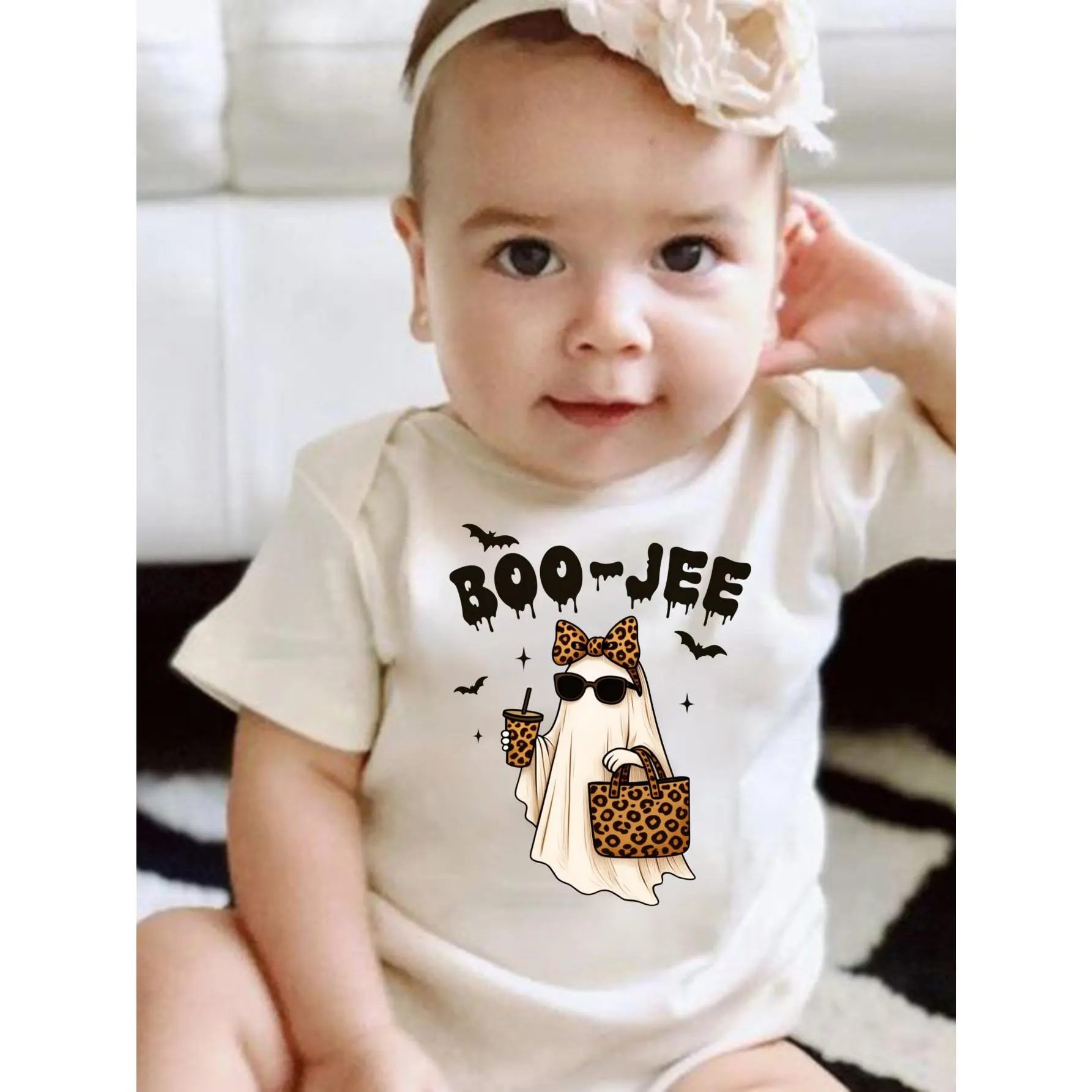 Baby Bodysuit Cute Boo Jee Ghost Leopard Print Unisex Infant Onesie Button Detail Regular Fit All Seasons Knitted Fabric Onesie For 0-12 Months