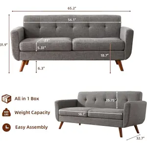 Tbfit 65" W Loveseat Sofa, Mid Century Modern Love Seat Couches for Living Room, Button Tufted Upholstered Small Couch for Bedroom, Solid and Easy to Install Love Seats Furniture, Grey