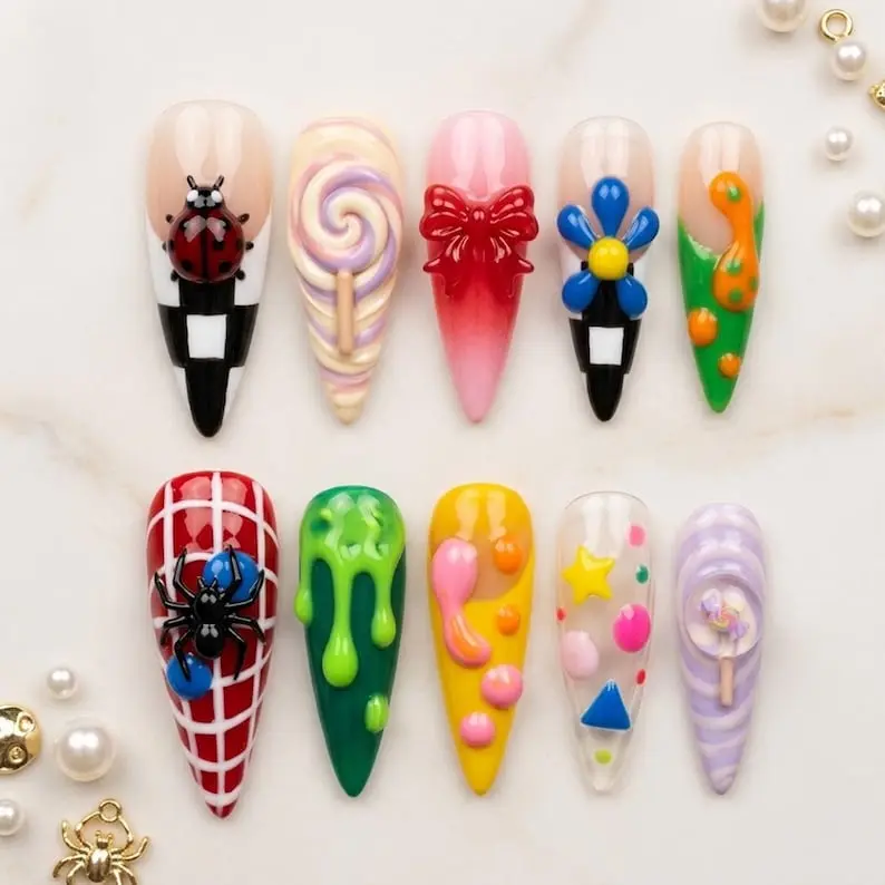 Colorful Press On Nails 3D Candy Ladybug Spider Swirl Pop Y2K