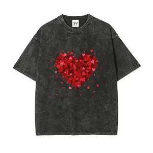 Men's Round Neck Short-Sleeve Cotton T-Shirt - Retro Vintage Washed, Casual Fit, Printed Valentine Heart Love Graphic, Comfortable Everyday Gift for Him