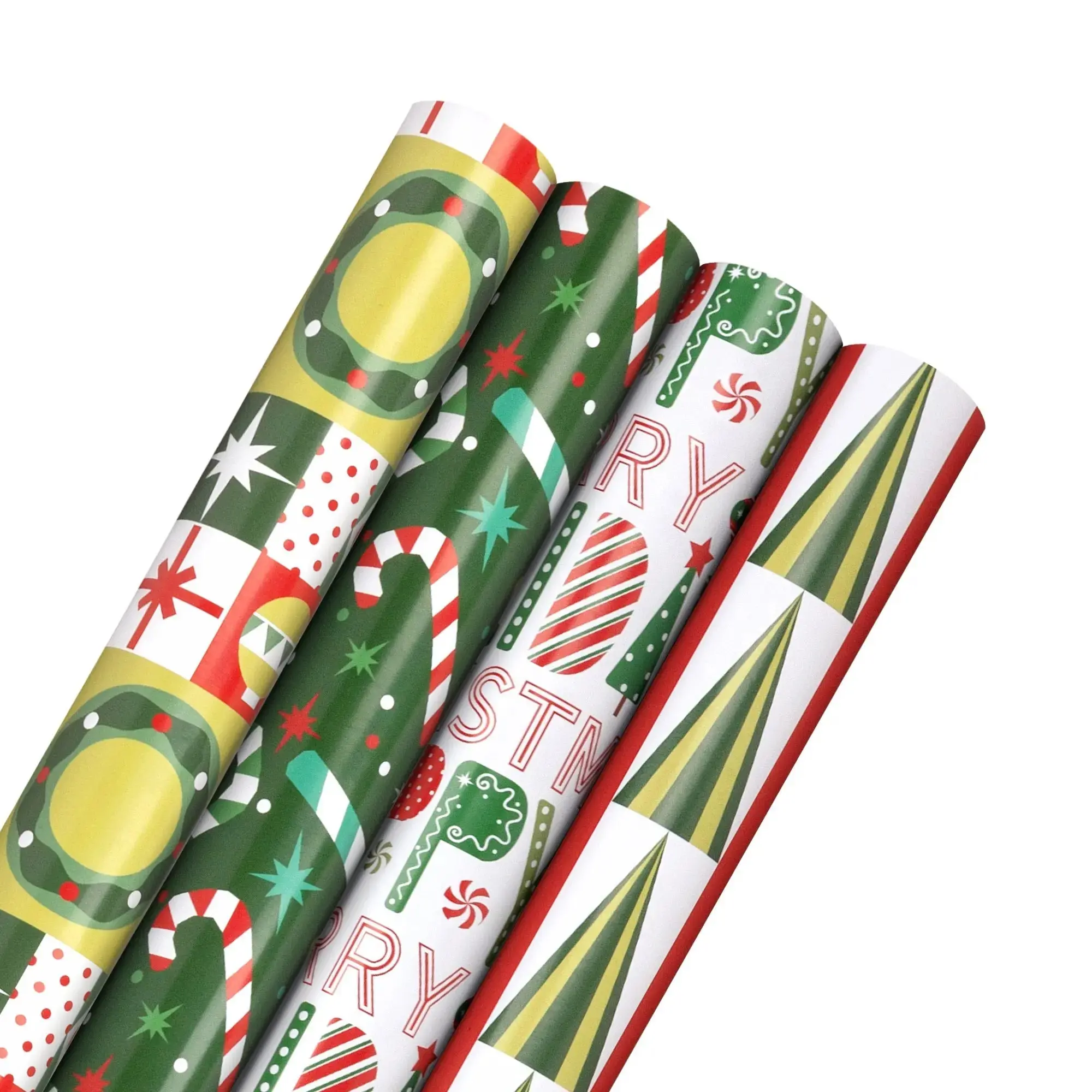 Reversible Holiday Wrapping Paper Bundle, 4-Pack, 30" x 10' - Modern Design Office Gift Wrapping Supplies