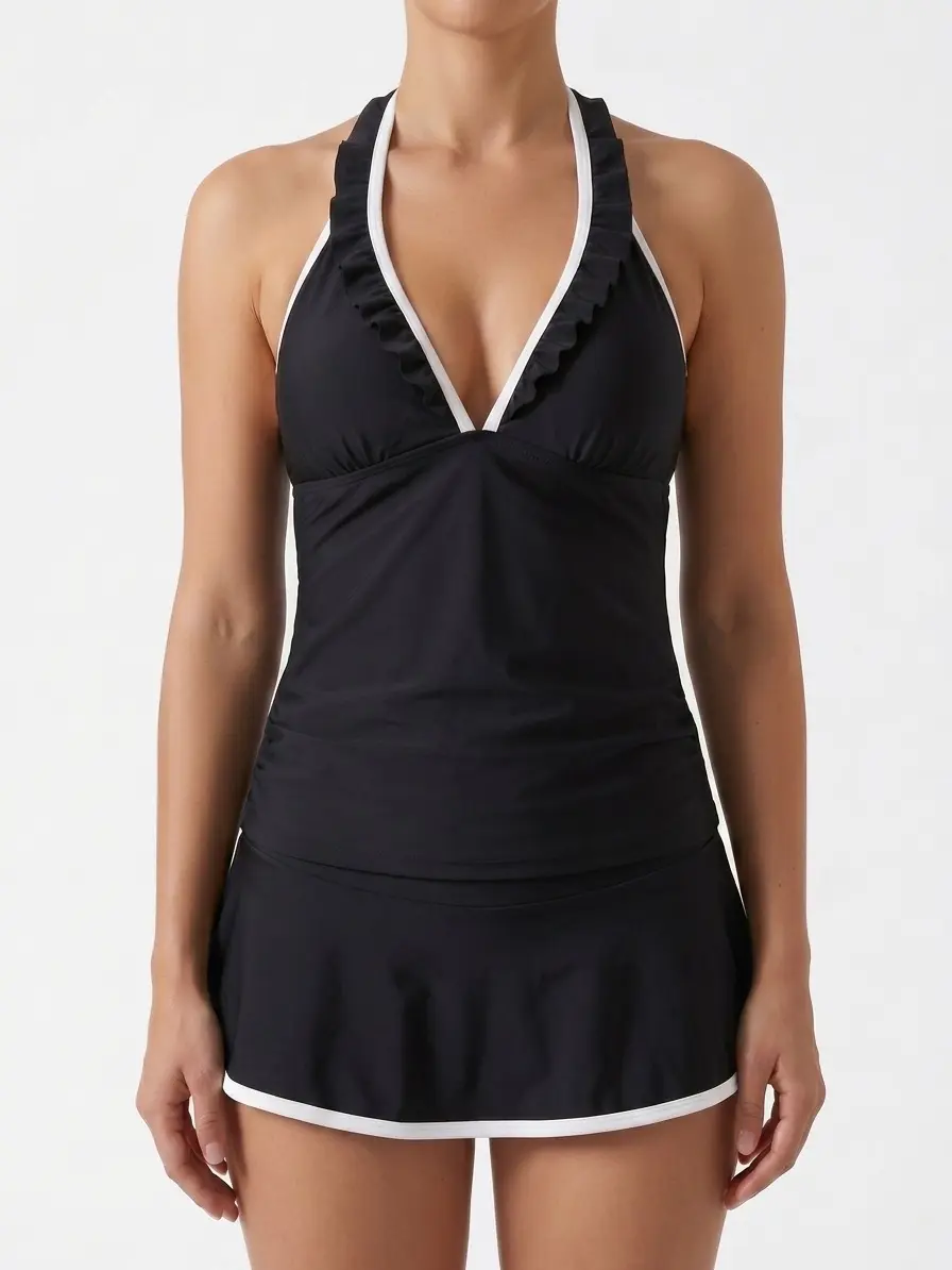 Women’s Backless Skirted One-Piece Swimsuit – Halter Neck Ruffle Trim Beachwear with Built-In Bra, Sports & Outdoor One-Piece Swimsuit