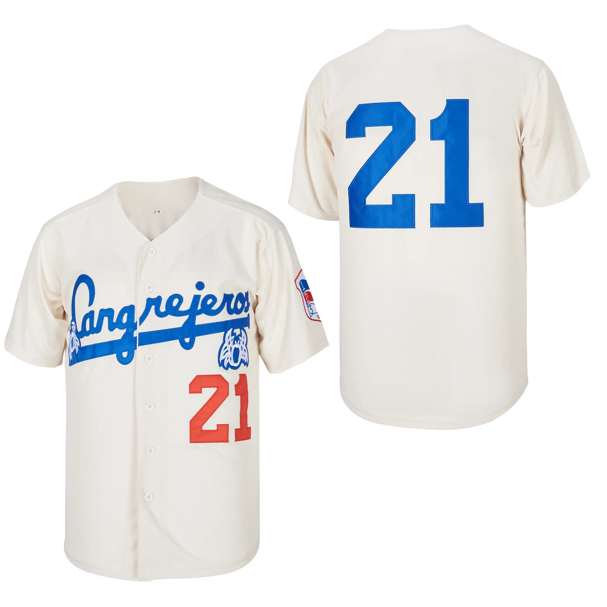 Men's Santurce #21 Stitched Button Up Varsity Baseball Jersey, 4 Color Black White Grey Cream Mesh Short Sleeve Cultural Fan Uniform, Loose Sport Shirt for Cultural Events, Streetwear & Summer Daily Outfits