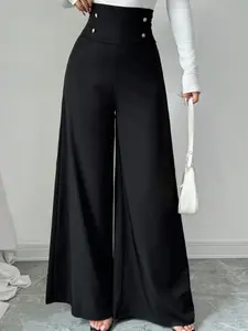 A pair of women's black high-waisted metal buckle decorated wide-leg trousers, commuting style loose and thin drooping trousers, suitable for autumn and winter, suitable for daily commuting, shopping, coffee shop visits and other scenes
