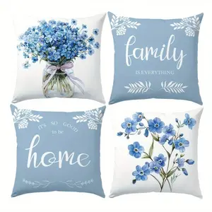 4pcs, Light Blue Floral Throw Pillow Covers, "family and home" Text, Home Spring Décor Products, Suitable Living Room, Bedroom, Sofa and Bed Decoration, 2D Flat, Single Sided Printing, No Pillow Core