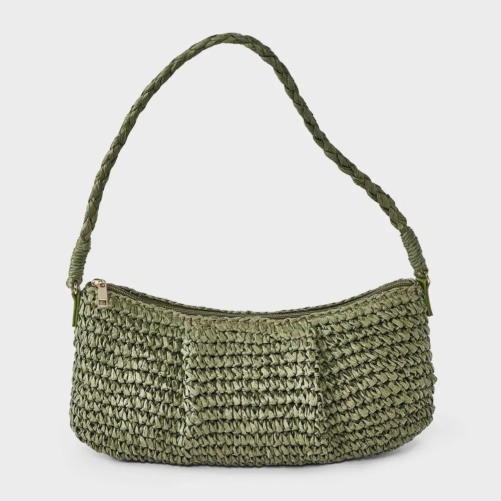 Hand Crocheted Straw Shoulder Bag - A New Day Green