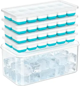 Ice Cube Tray with Lid & Bin - 4 Pack Stackable Silicone Trays for Freezer with Storage Container, Leak-Proof Lids, BPA-Free, Easy Release for Kitchen, RV, Cocktail, Party, Coffee & Drinks