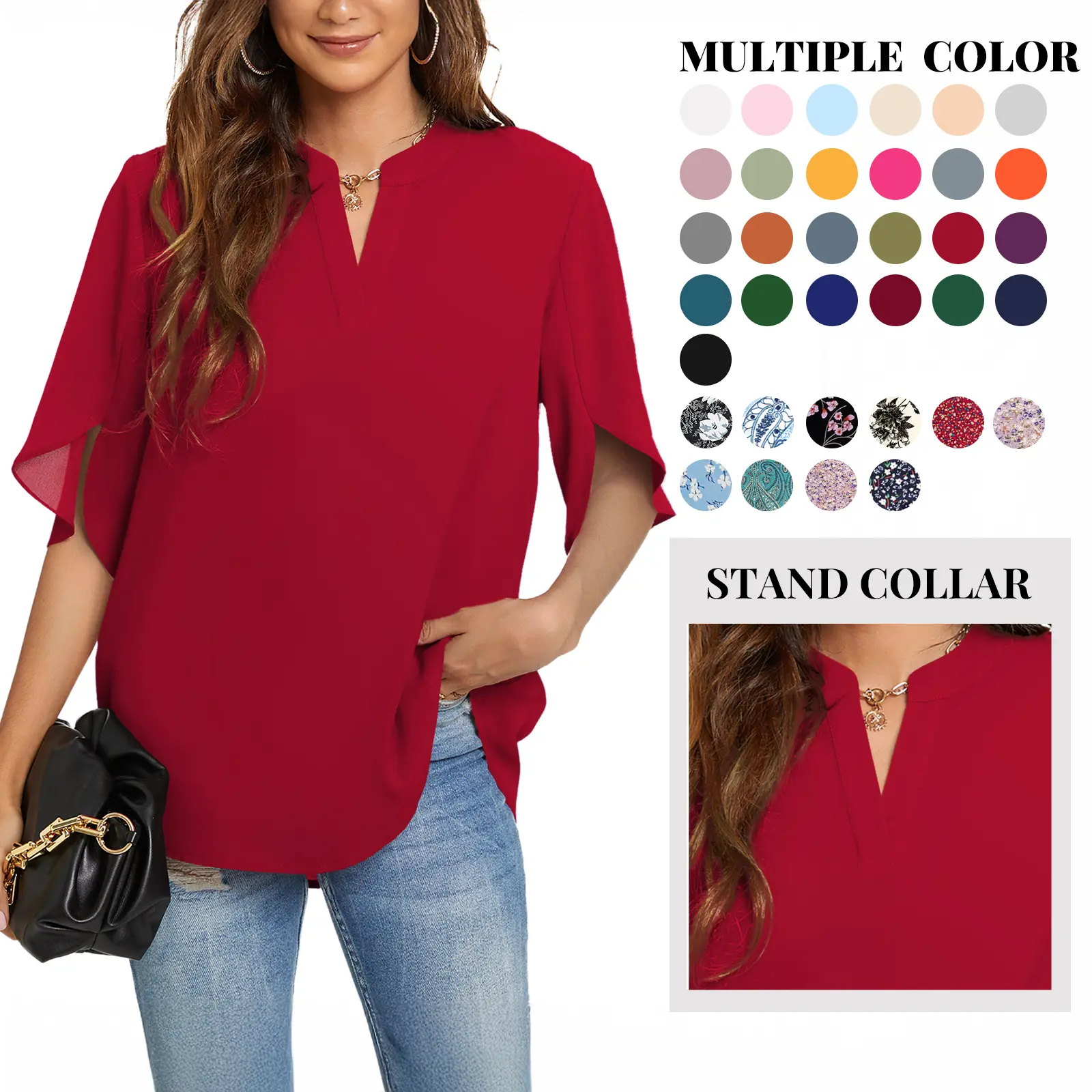 Funlingo Women's Short Sleeve V-Neck Loose Chiffon Blouse - Cute, Elegant, Minimalist, Fashionable Button-Up Top with Soft Fabric for Summer Outdoor Casual & Dressy Occasions