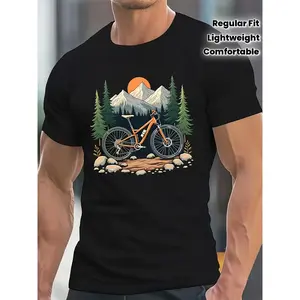 Men's Mountain Bike Graphic T-Shirt, Casual Crew Neck Short Sleeve Tee, Lightweight Soft Fabric, Regular Fit, S-3XL
