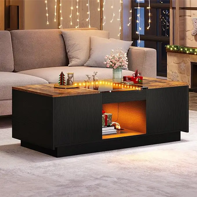 DWVO LED Coffee Table for Living Room, with Storage with LED Lights, 2 Tiers and 2 Drawers, Large Living Room Center Tables with USB Ports and Type-C