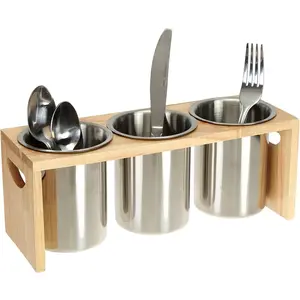 3 Pack Silverware Holder, Stainless Utensil Organizer with Wood Base, Flatware for, and, Great for Table, Cabinet, Pantry