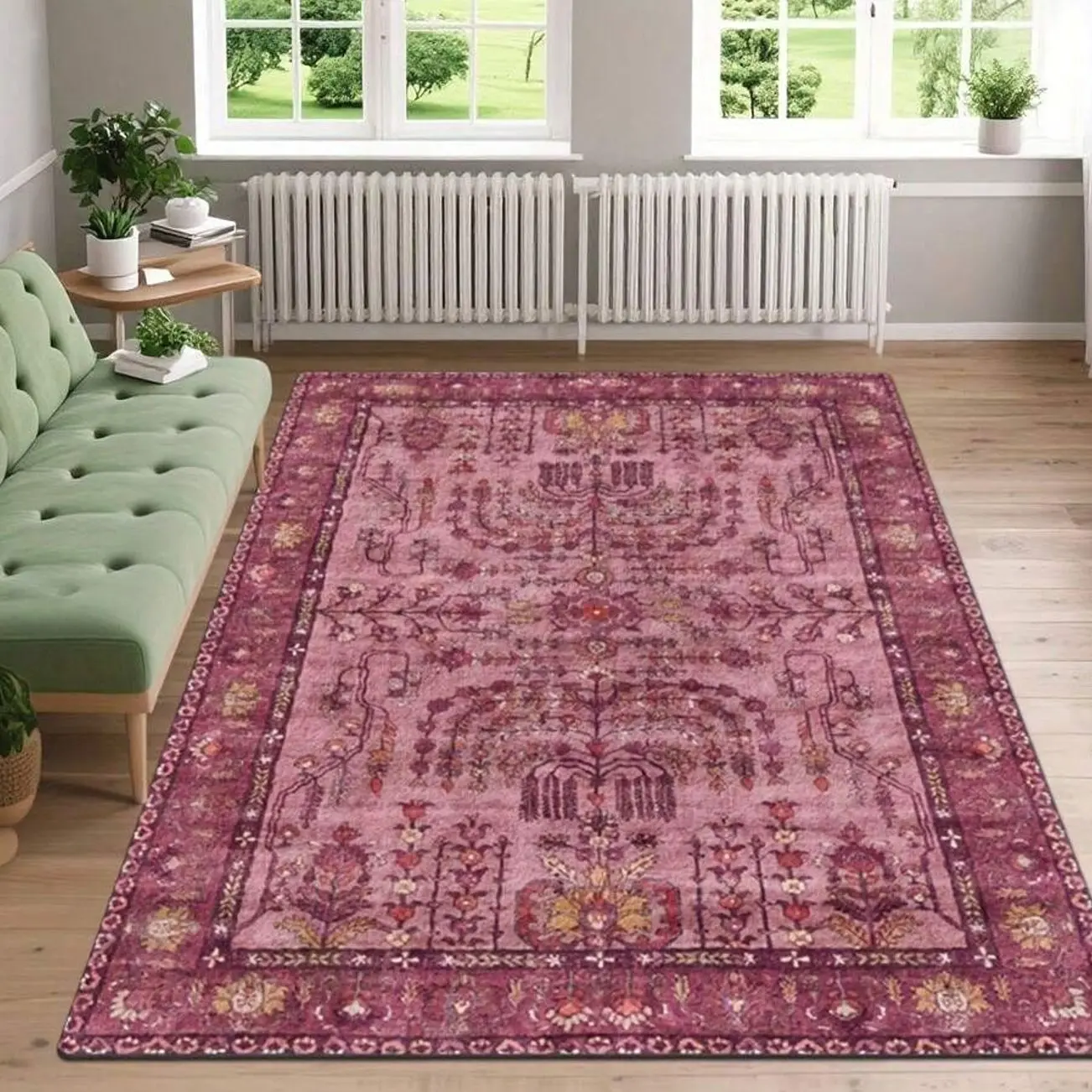 Persian Style Large Size Deluxe Floor Mat - Soft Pink And Burgundy Persian Floor Mat With Beige/Golden/Red Pattern, Extra Large Foot, Machine Washable Fiber Floor Mat For Living Room, Bedroom, Office - Persian Badge Design