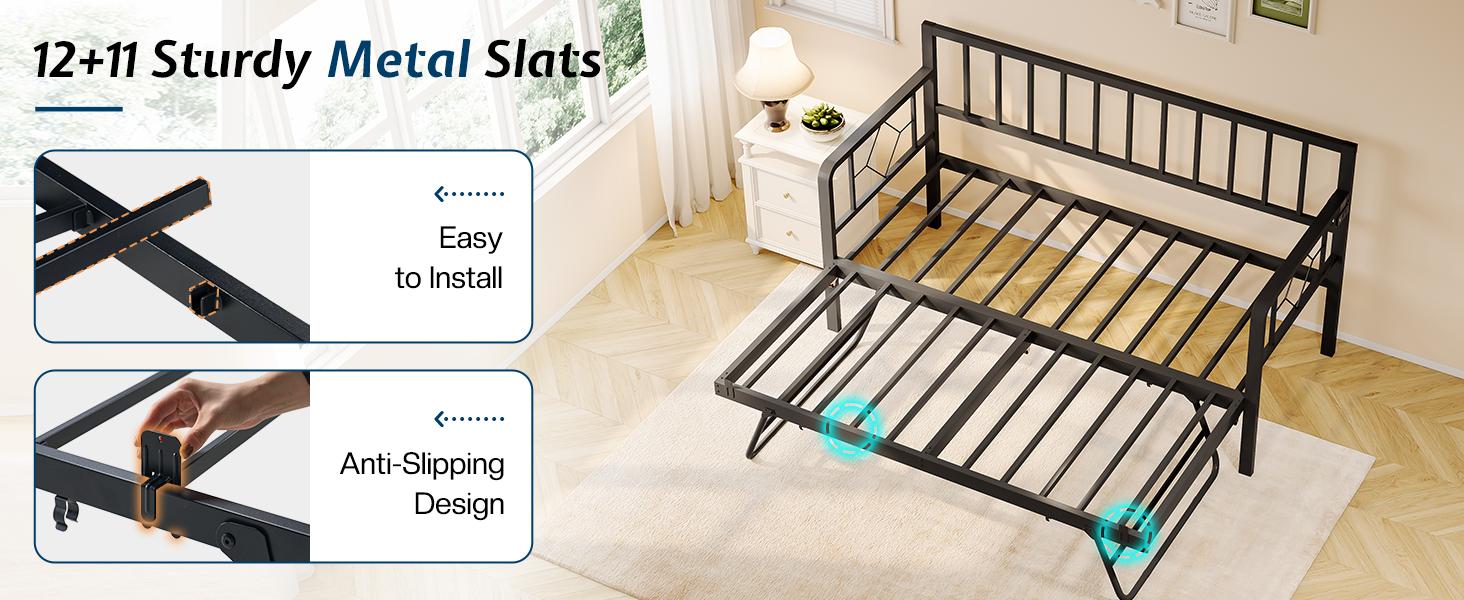 AMERLIFE Twin Daybed with Charging Station and LED Lights, Versatile Bed Frame with Steel Slats Support, Daybed with Trundle for Living Room, Bedroom, Guest Room, Black/Best Gift Ideas/Christmas Gifts
