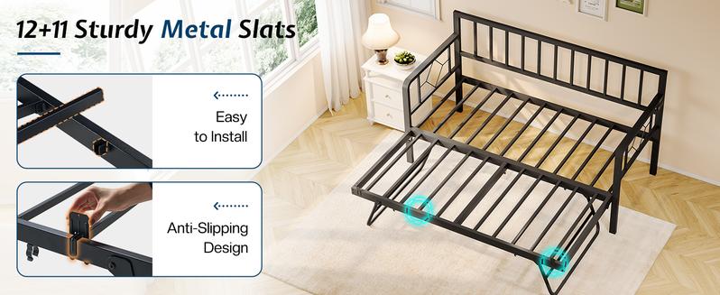 AMERLIFE Twin Daybed with Charging Station and LED Lights, Versatile Bed Frame with Steel Slats Support, Daybed with Trundle for Living Room, Bedroom, Guest Room, Black/Best Gift Ideas/Christmas Gifts