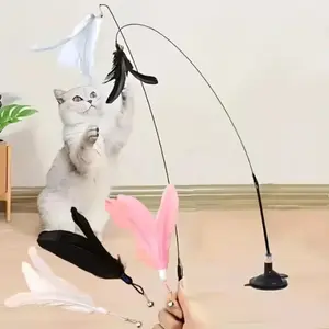 Interactive Cat Feather Teaser Bell Toy, Realistic & Artificial Options, Durable Metal Wire, Long Stick, Suction Base, No Batteries Needed