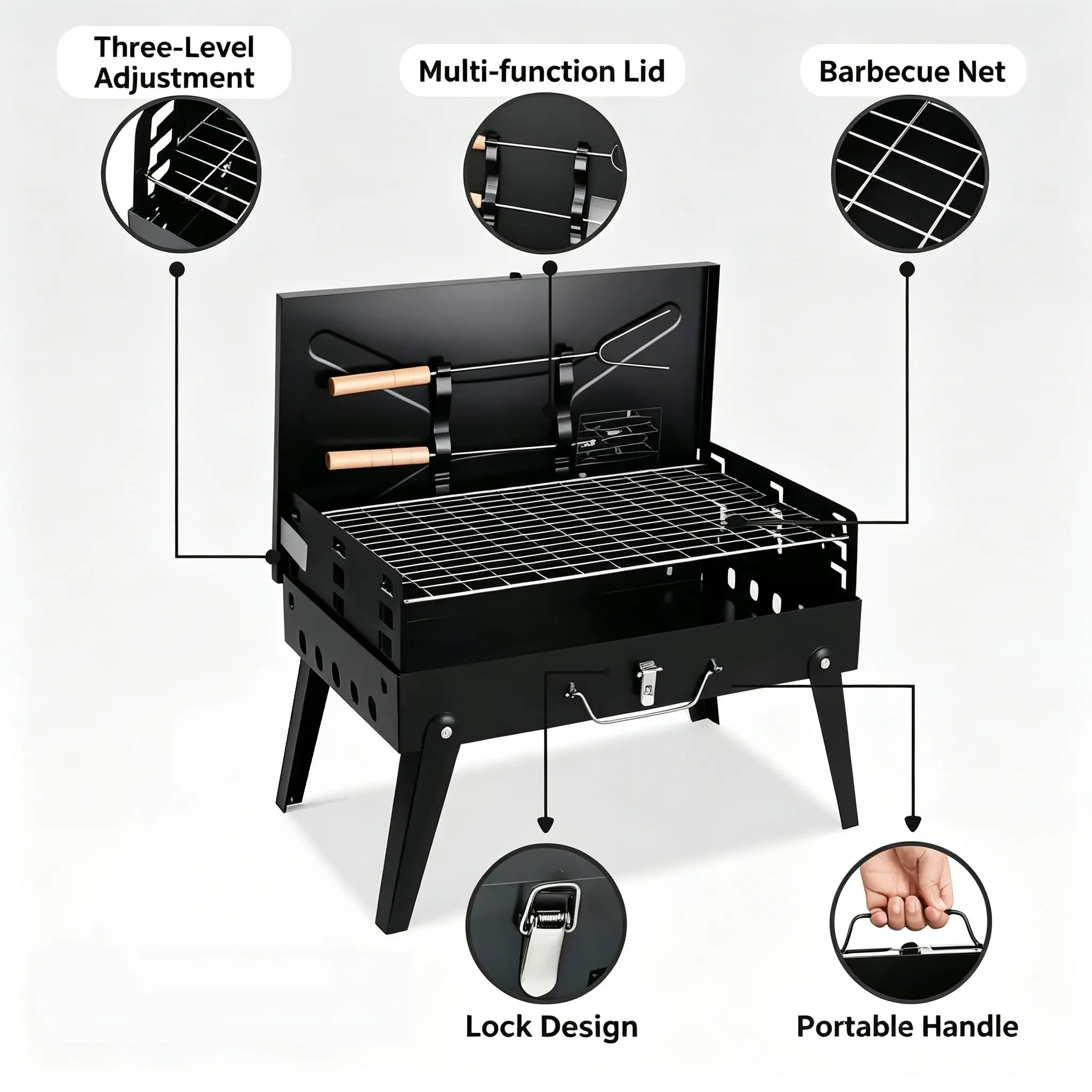 Portable Heavy-Duty Charcoal BBQ Grill | Foldable Adjustable Height Charcoal Grill Set with 6-Piece Tools for Camping Picnic BBQ Lovers