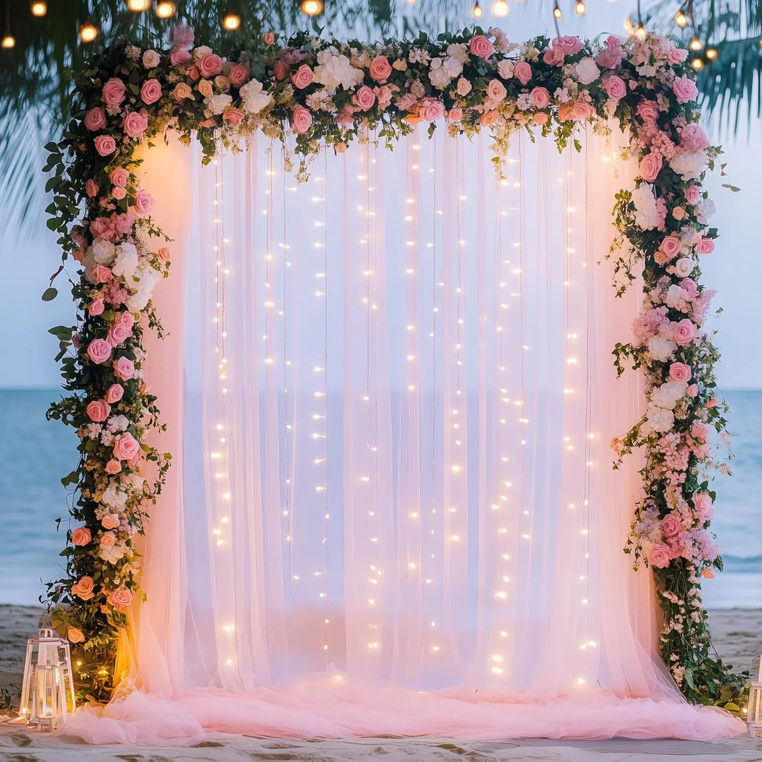 Soft Polyester Tulle Backdrop Curtain Set - 4-Panel 5ft x 10ft Pink, Photo-Friendly, Wipeable, with LED Lights & Lighted Setup, Sheer Room Banner for Wedding, Party Decor