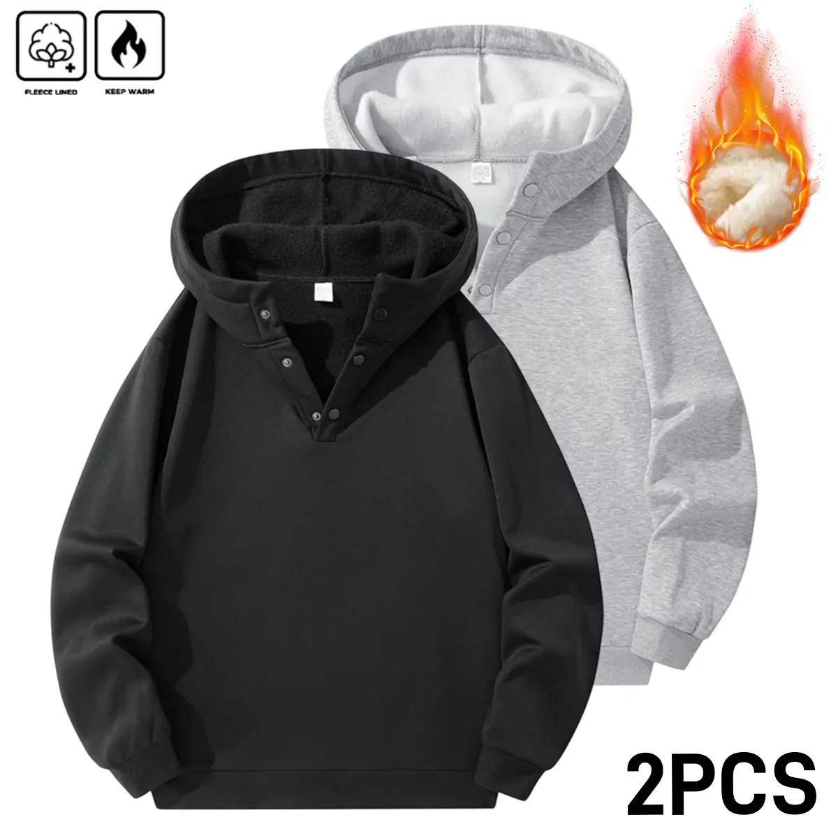 Men's 2-Pack Casual Polyester Hoodies, Warm Fleece-Lined Pullover with Henley Button Placket and Kangaroo Pocket, Outdoors, Athletic, Loose Fit, Cozy Men's Hoodies, Sporty Chic, Snap Button Neckline Men's Hoodies