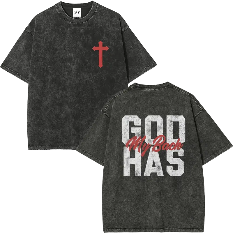 Men's Vintage Graphic T-Shirt, 260g Heavyweight Cotton, Retro Acid Washed Streetwear with "God Has My Back" Cross, Oversized Plus Size Fit, Aesthetic, Natural