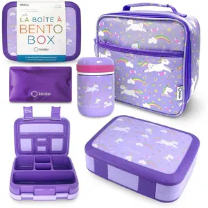 Insulated Bento Box Set with Stainless Steel Thermos, Lunch Bag & Ice Pack, 5 Compartments Snack Container for Kids Girls Toddlers, Purple Unicorn for Daycare Pre-School Kindergarten